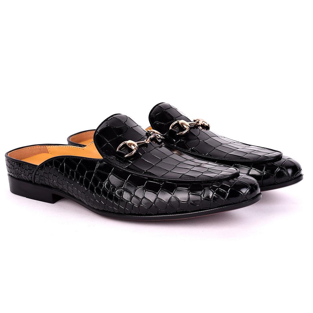 Terry Taylors Croc Leather With Gold Chain Men's Half Shoe- Black - Obeezi.com