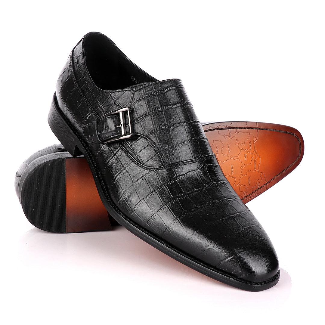 Terry Taylors Crocodile Skin Black Leather Shoe with Side Buckle - Obeezi
