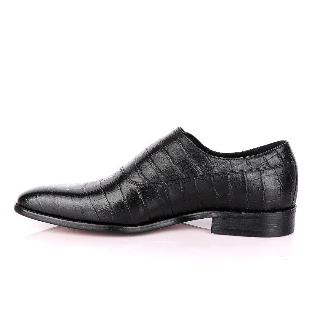 Terry Taylors Crocodile Skin Black Leather Shoe with Side Buckle - Obeezi