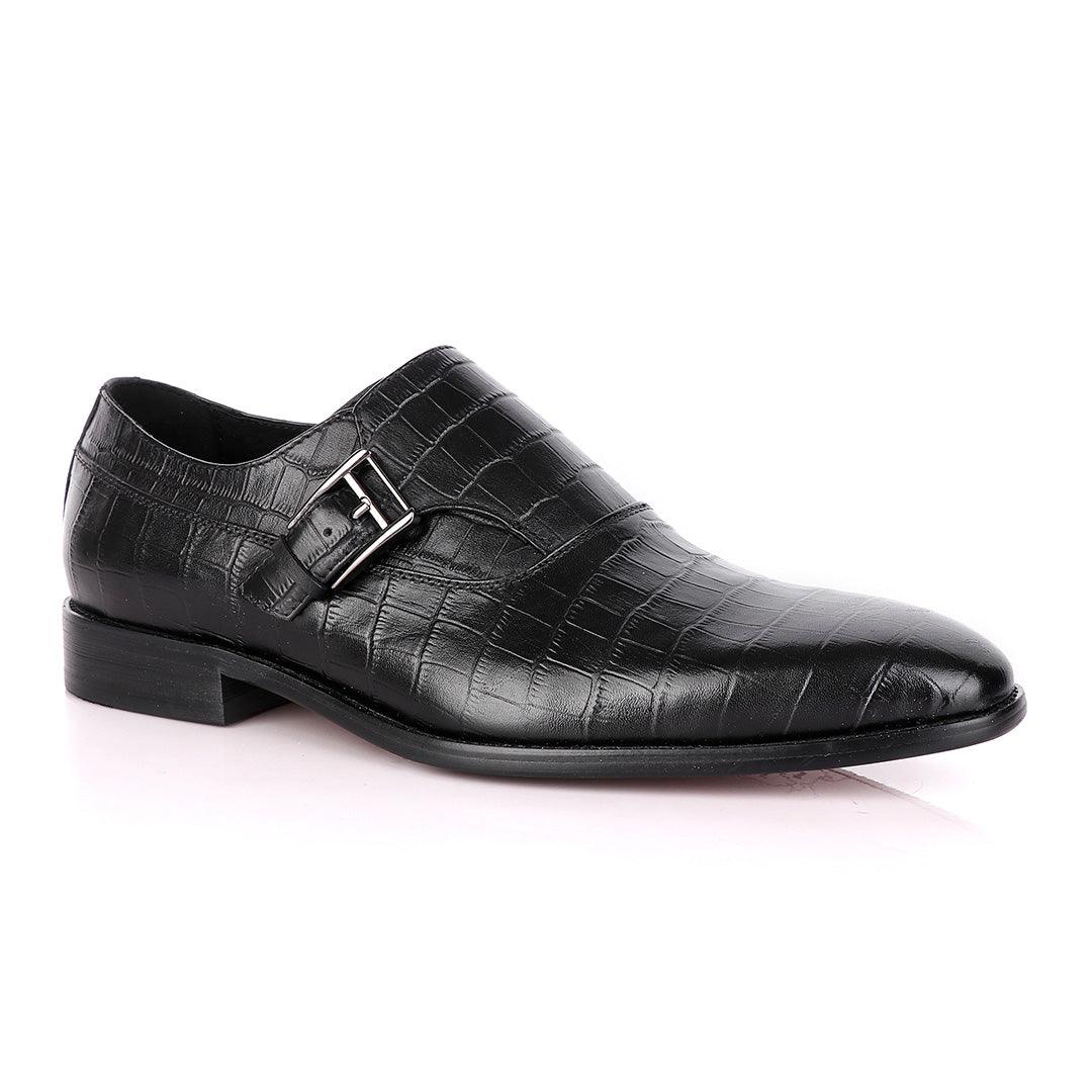 Terry Taylors Crocodile Skin Black Leather Shoe with Side Buckle - Obeezi