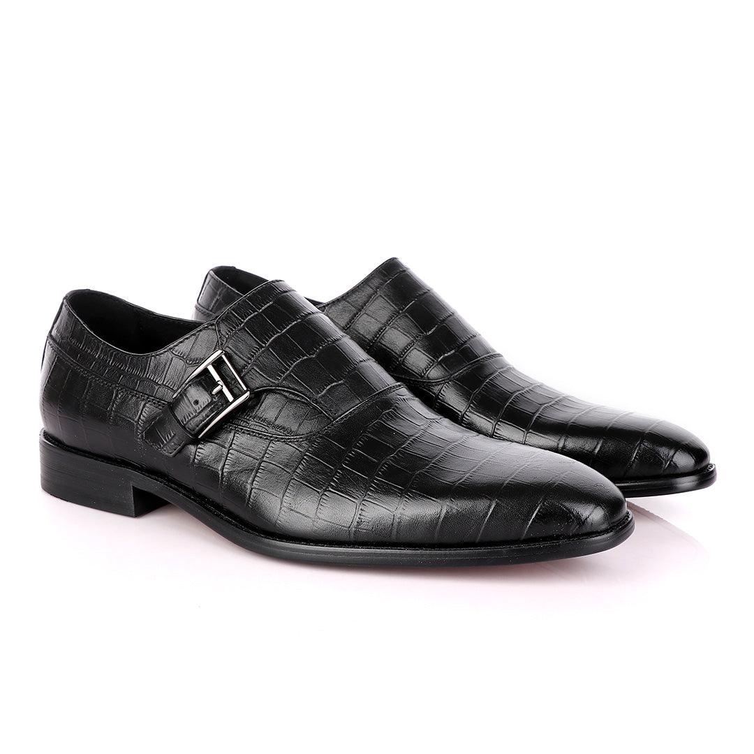 Terry Taylors Crocodile Skin Black Leather Shoe with Side Buckle - Obeezi