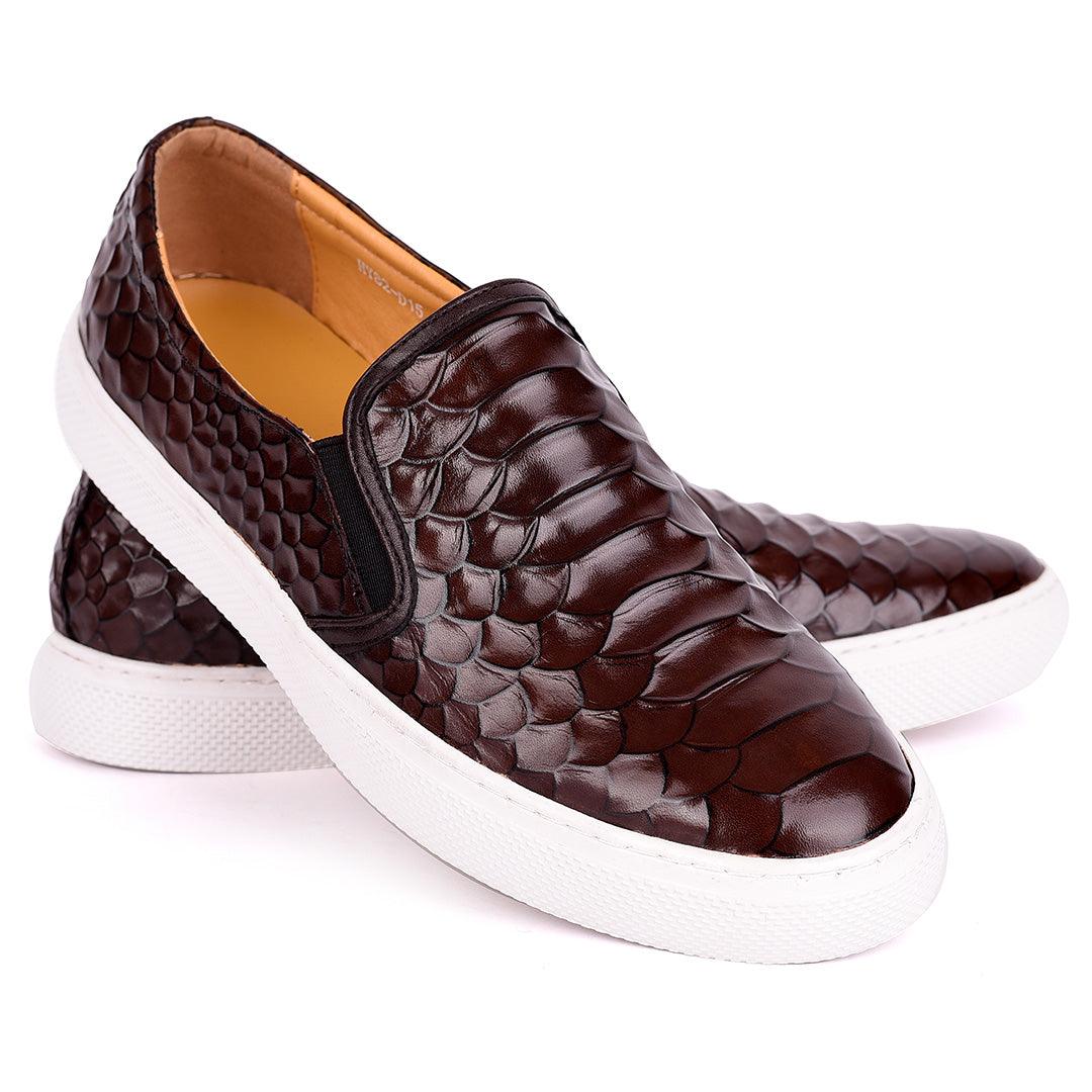 Terry Taylors Crocodile Skin Leather With White Sole Men's Sneaker Shoe- Coffee - Obeezi.com