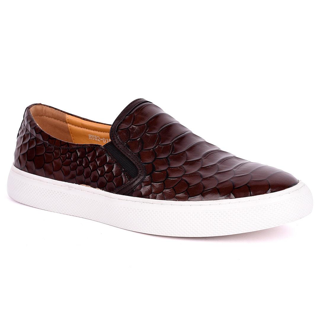 Terry Taylors Crocodile Skin Leather With White Sole Men's Sneaker Shoe- Coffee - Obeezi.com