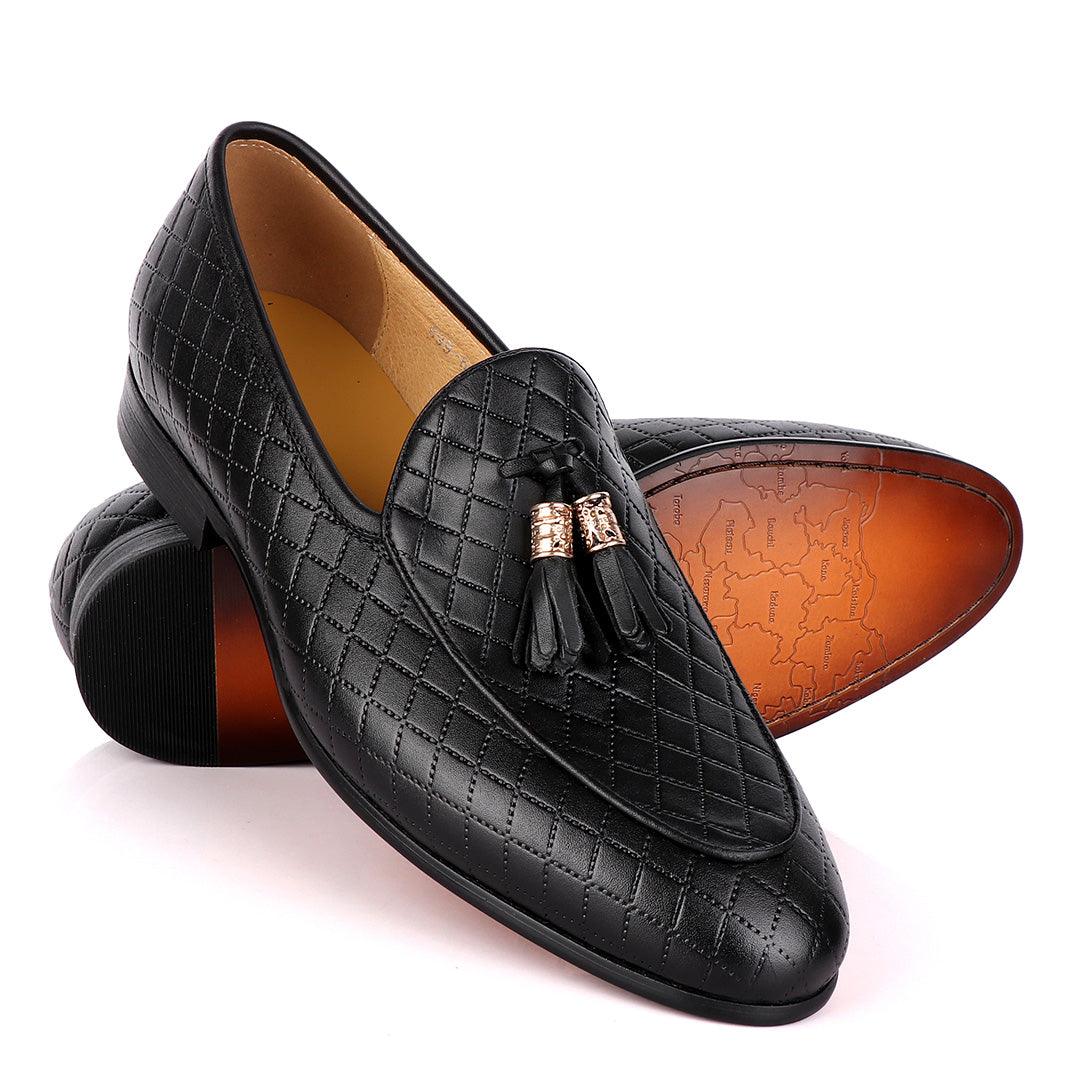 Terry Taylors Cross Patterned Black Double Tassel Formal Loafers - Obeezi