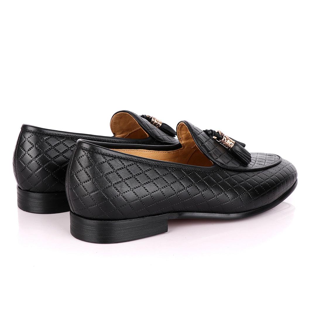 Terry Taylors Cross Patterned Black Double Tassel Formal Loafers - Obeezi