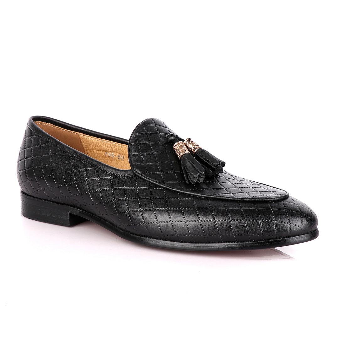 Terry Taylors Cross Patterned Black Double Tassel Formal Loafers - Obeezi