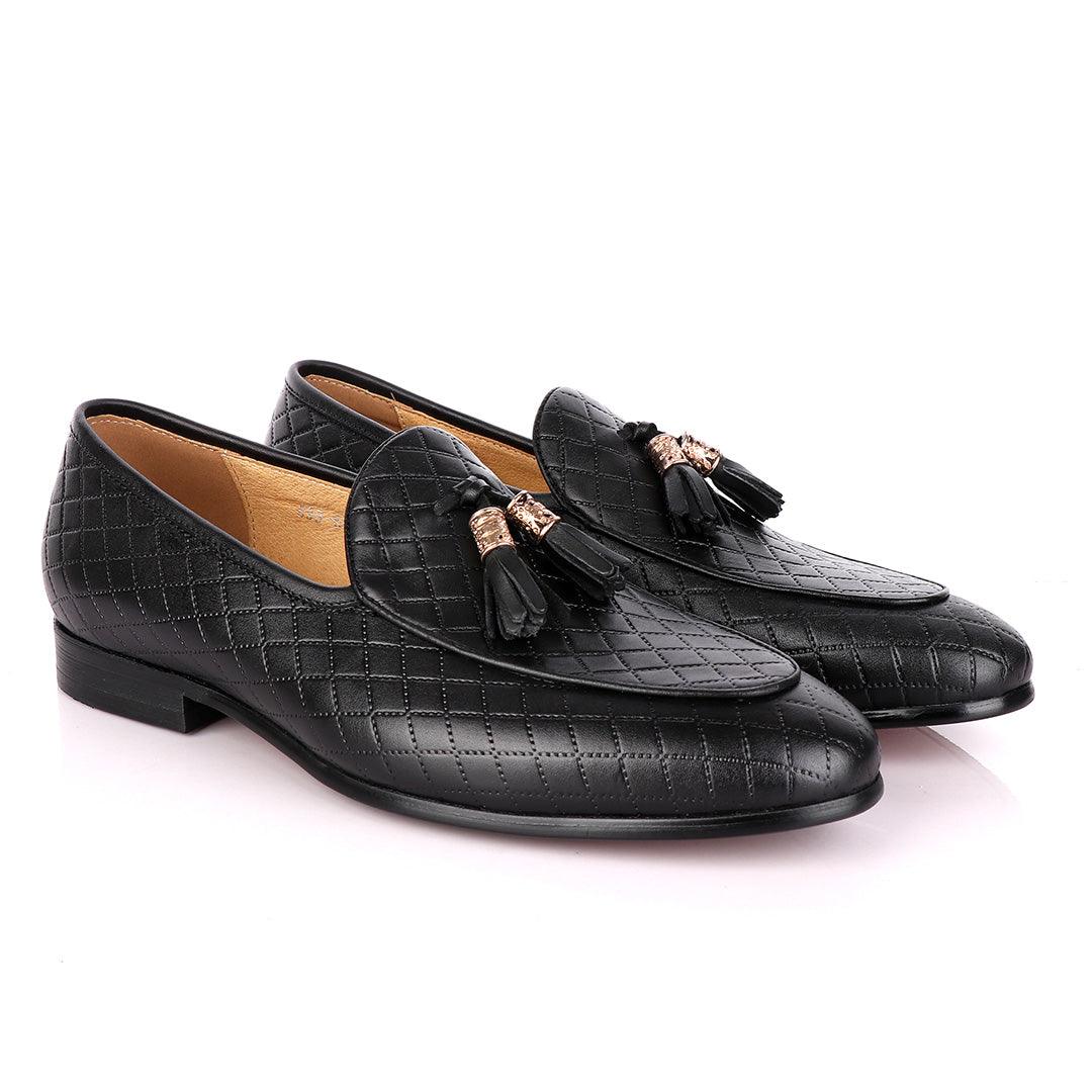 Terry Taylors Cross Patterned Black Double Tassel Formal Loafers - Obeezi