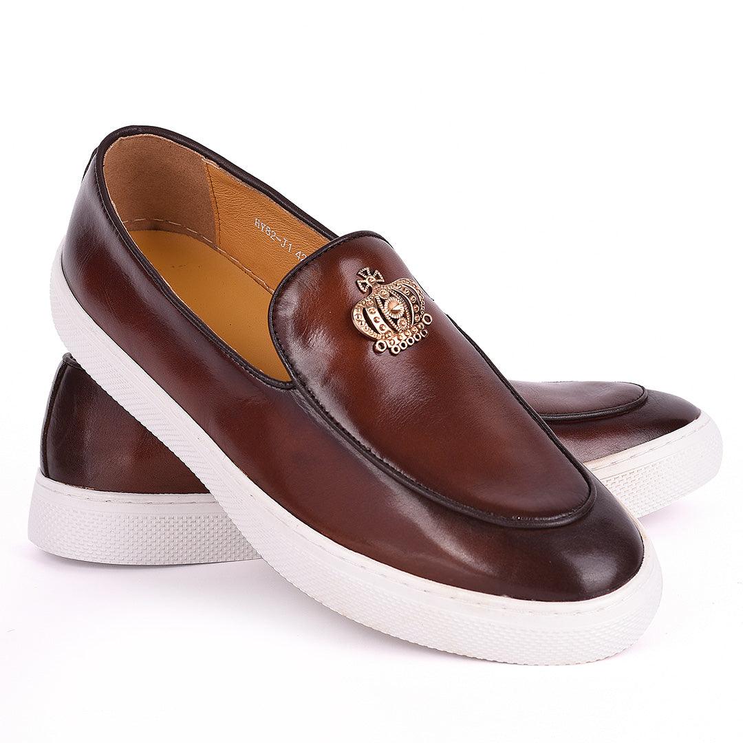 Terry Taylors Crown Logo Plain Leather Men's Sneaker Shoe- Brown - Obeezi.com