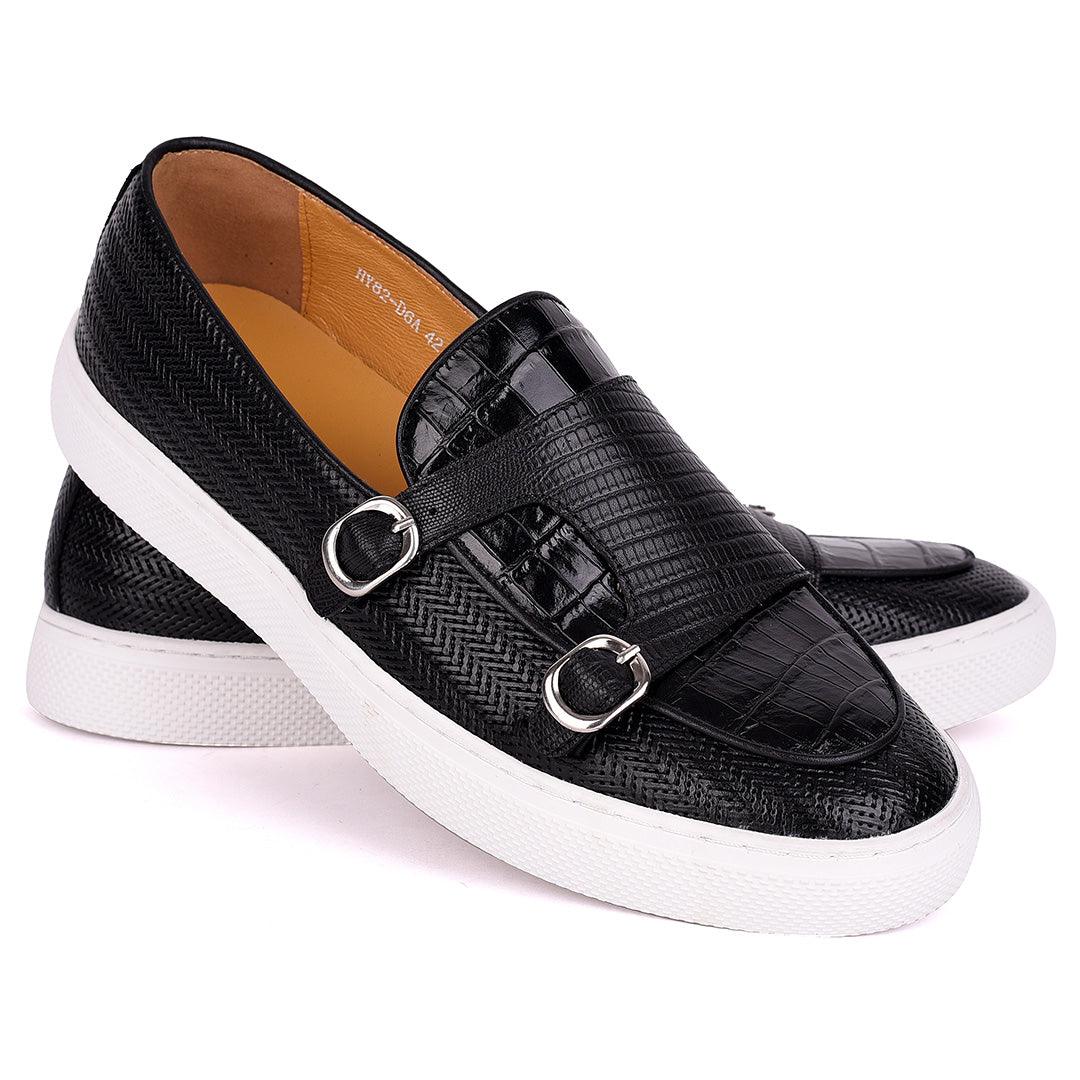 Terry Taylors Double Monk Croc Leather Men's Sneaker Shoe- Black - Obeezi.com