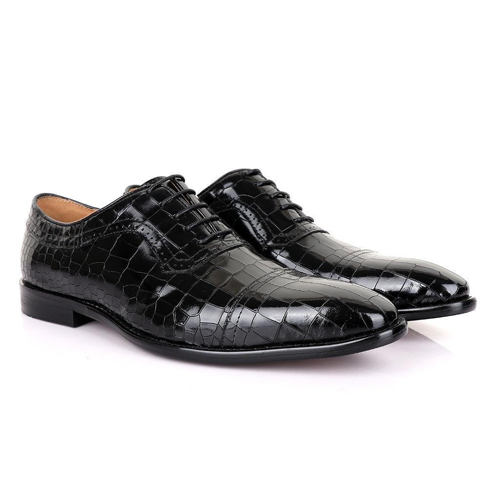 Terry Taylors Glossy Laceup Croc Black Leather Shoe - Obeezi