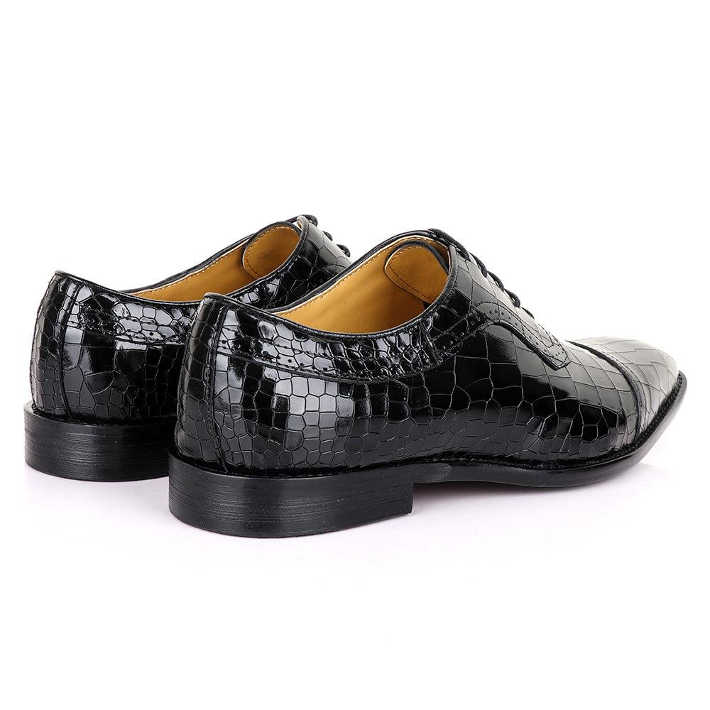 Terry Taylors Glossy Laceup Croc Black Leather Shoe - Obeezi