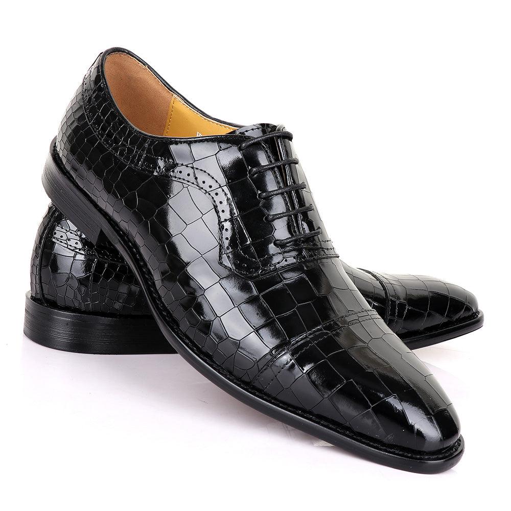 Terry Taylors Glossy Laceup Croc Black Leather Shoe - Obeezi