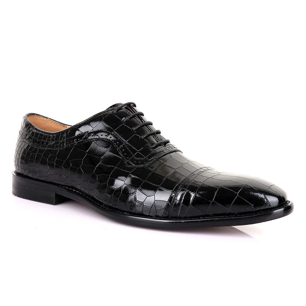 Terry Taylors Glossy Laceup Croc Black Leather Shoe - Obeezi