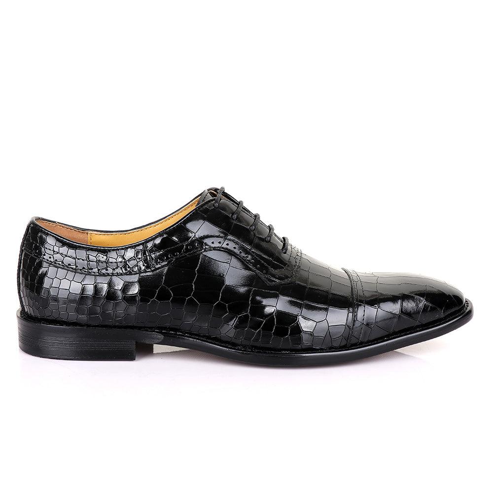 Terry Taylors Glossy Laceup Croc Black Leather Shoe - Obeezi