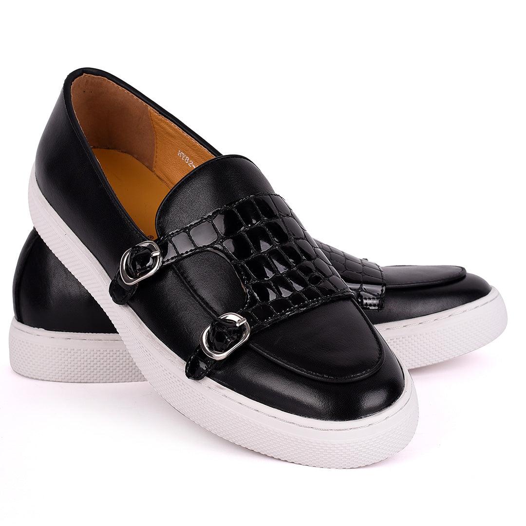 Terry Taylors Half Croc Double Monk Strap Leather Men's Sneaker Shoe- Black - Obeezi.com