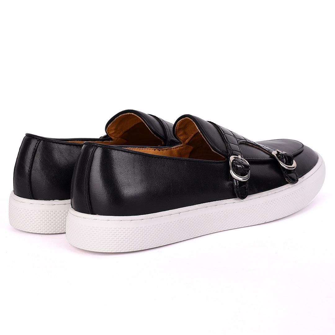 Terry Taylors Half Croc Double Monk Strap Leather Men's Sneaker Shoe- Black - Obeezi.com