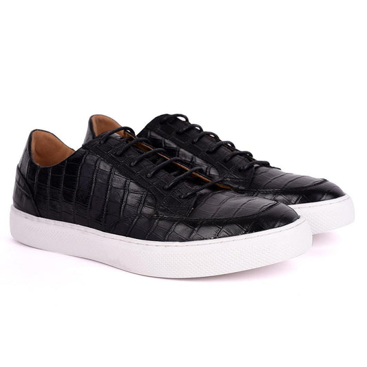Terry Taylors Lace Up Crocodile Skin Leather Men's Sneaker Shoe- Black - Obeezi.com