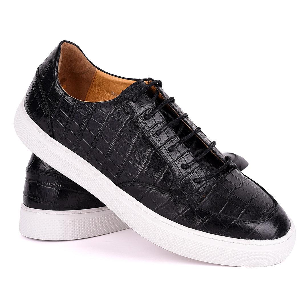 Terry Taylors Lace Up Crocodile Skin Leather Men's Sneaker Shoe- Black - Obeezi.com