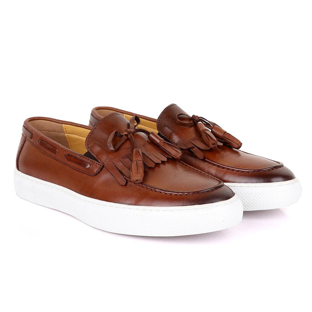 Terry Taylors Lashes Tassel Brown Leather Sneaker Shoe - Obeezi