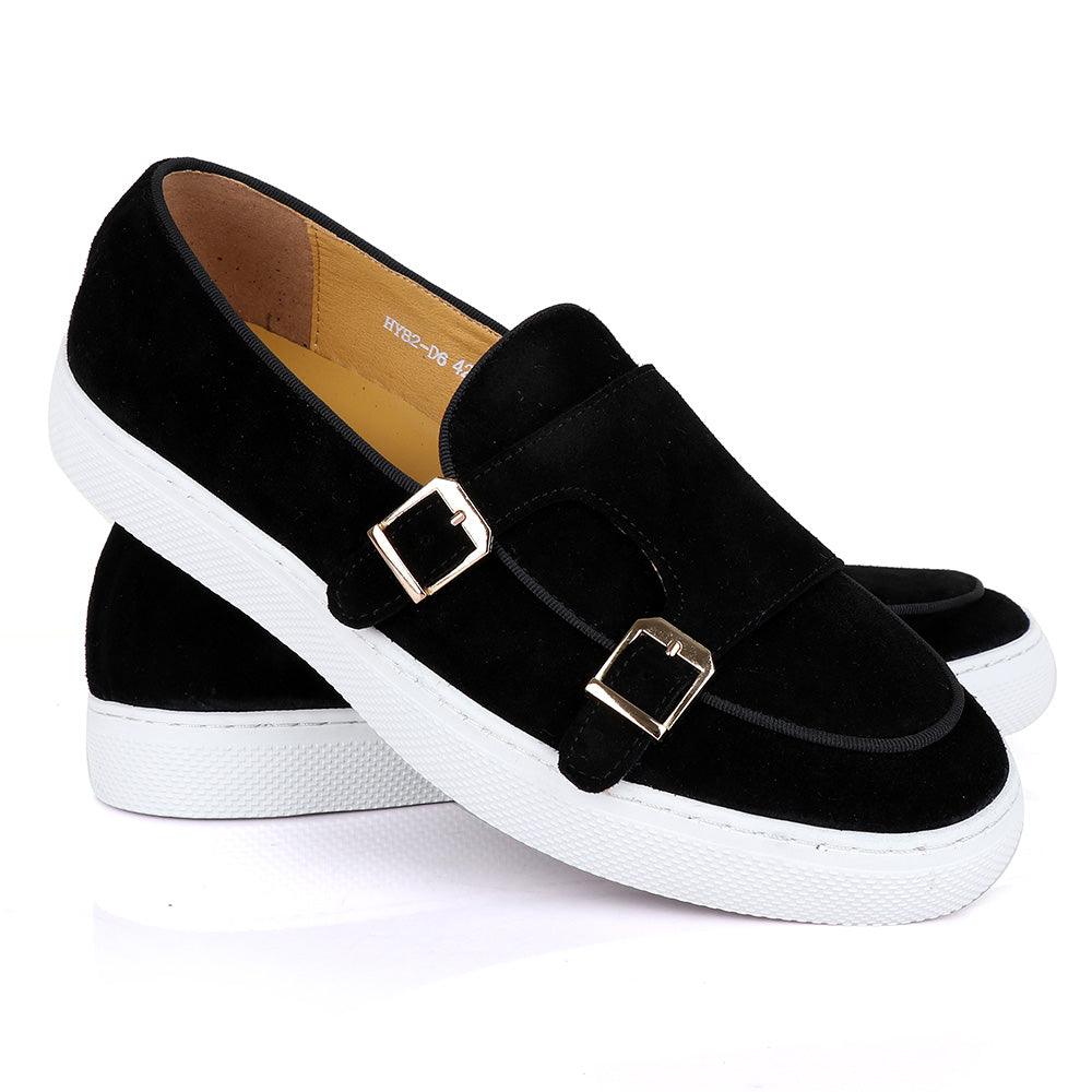 Terry Taylors Monk Double Strap Black Suede Sneaker Shoe - Obeezi