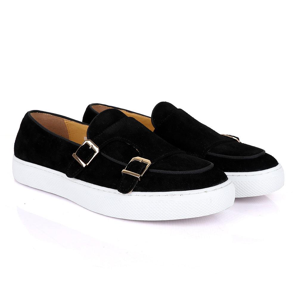 Terry Taylors Monk Double Strap Black Suede Sneaker Shoe - Obeezi