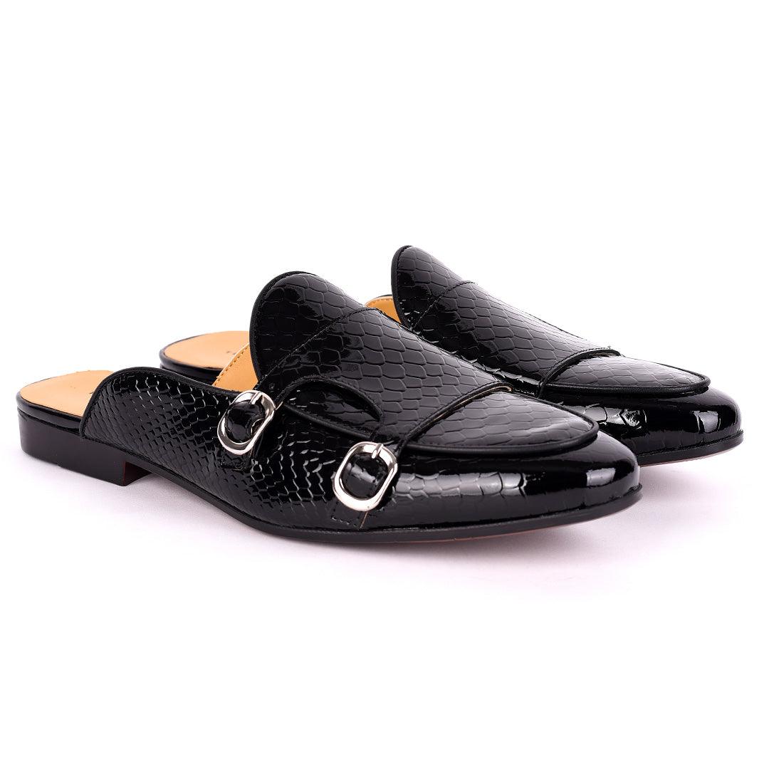 Terry Taylors Monk Double Strap Glossy Croc Leather Men's Half Shoe- Black - Obeezi.com