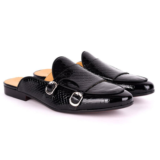 Terry Taylors Monk Double Strap Glossy Croc Leather Men's Half Shoe- Black - Obeezi.com