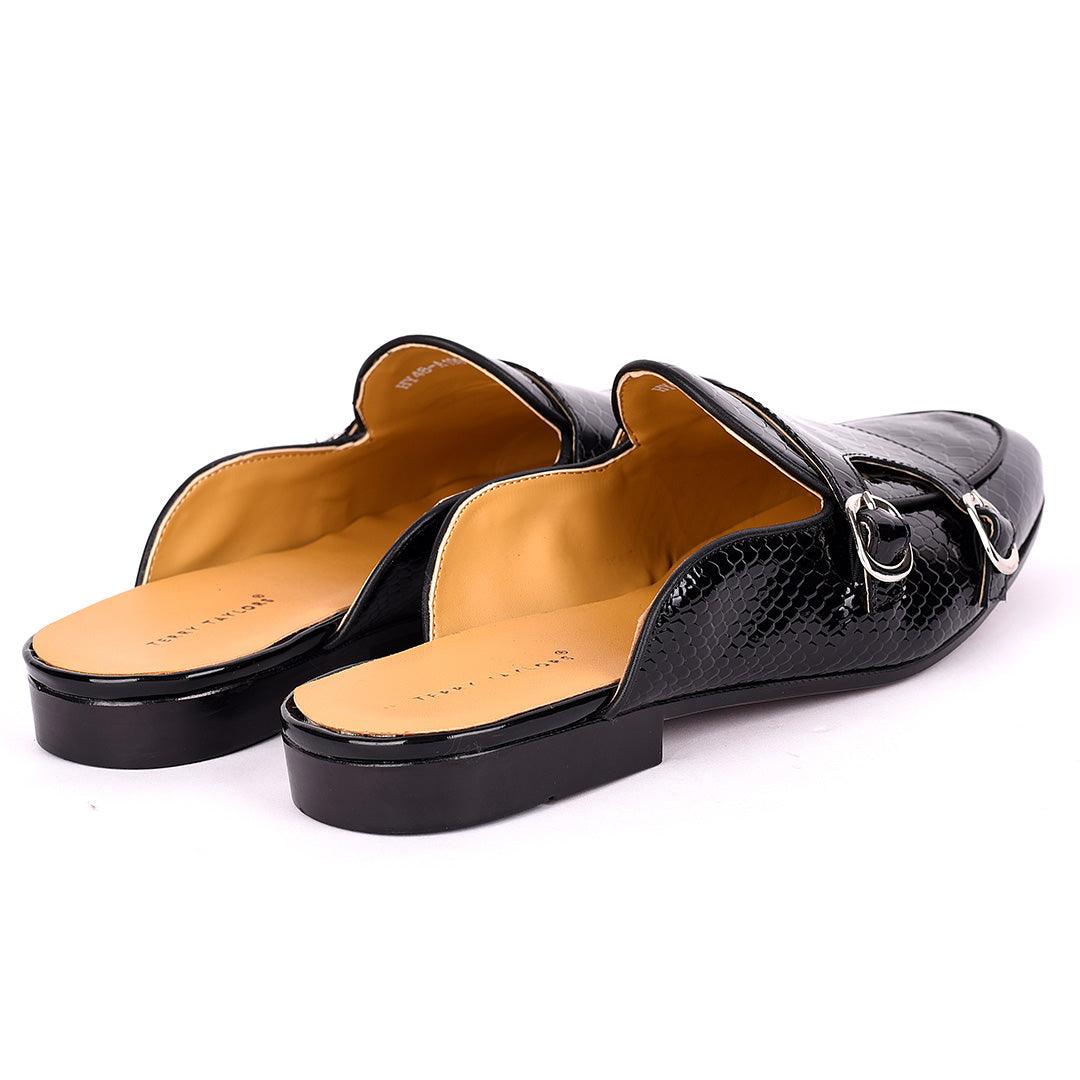 Terry Taylors Monk Double Strap Glossy Croc Leather Men's Half Shoe- Black - Obeezi.com