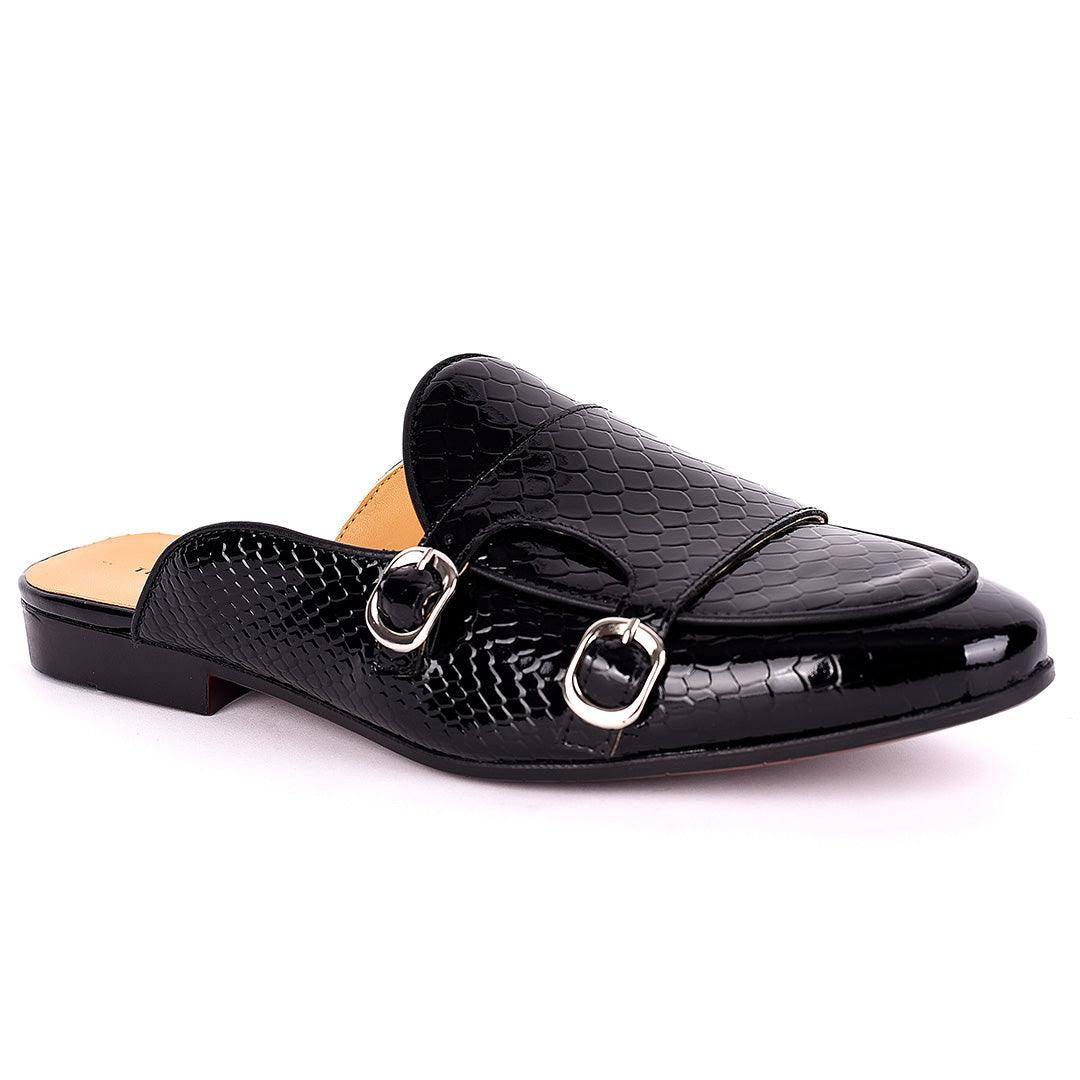 Terry Taylors Monk Double Strap Glossy Croc Leather Men's Half Shoe- Black - Obeezi.com