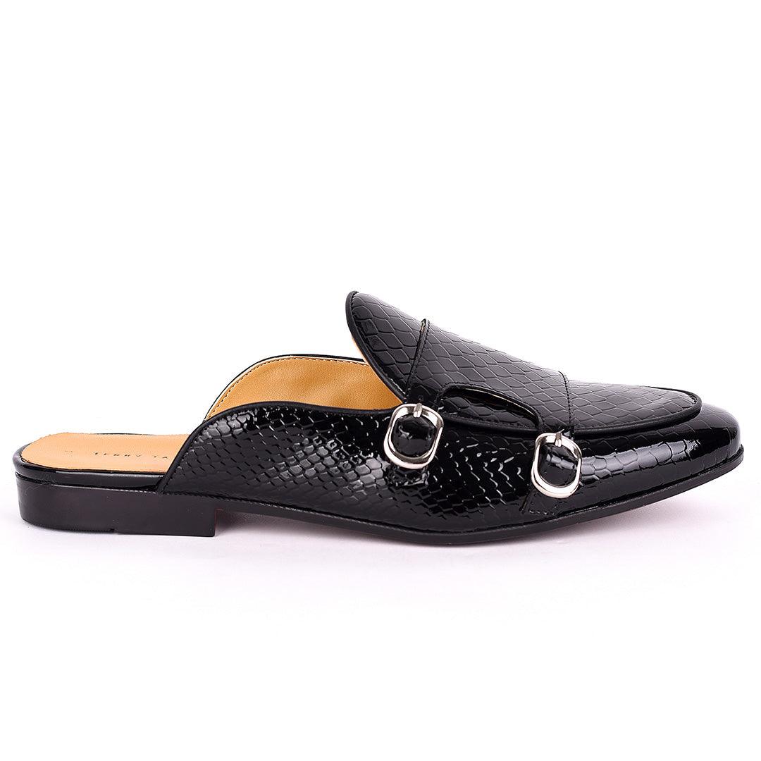 Terry Taylors Monk Double Strap Glossy Croc Leather Men's Half Shoe- Black - Obeezi.com