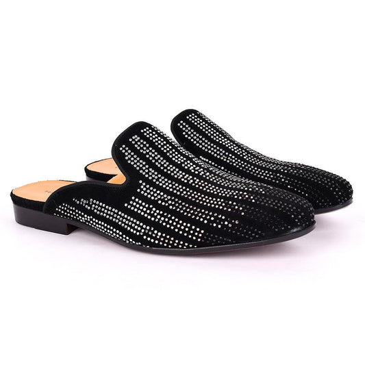 Terry Taylors Silver Full Stoned Suede Leather Men's Half Shoe- Black - Obeezi.com