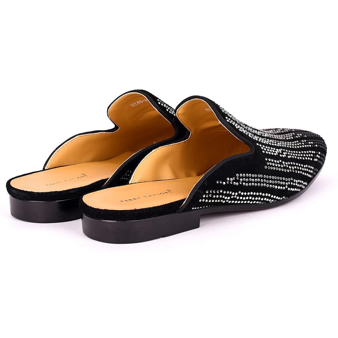 Terry Taylors Silver Full Stoned Suede Leather Men's Half Shoe- Black - Obeezi.com