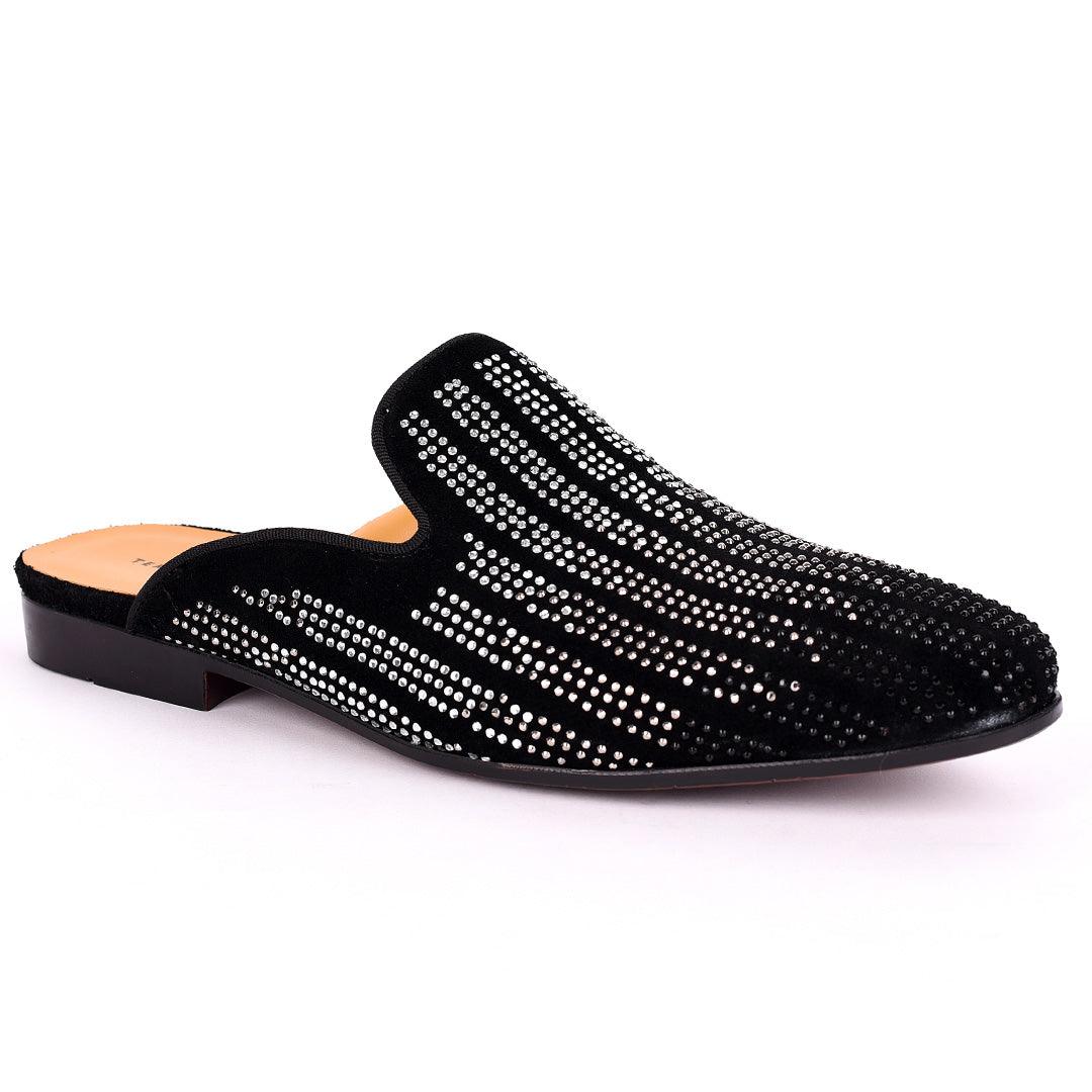 Terry Taylors Silver Full Stoned Suede Leather Men's Half Shoe- Black - Obeezi.com