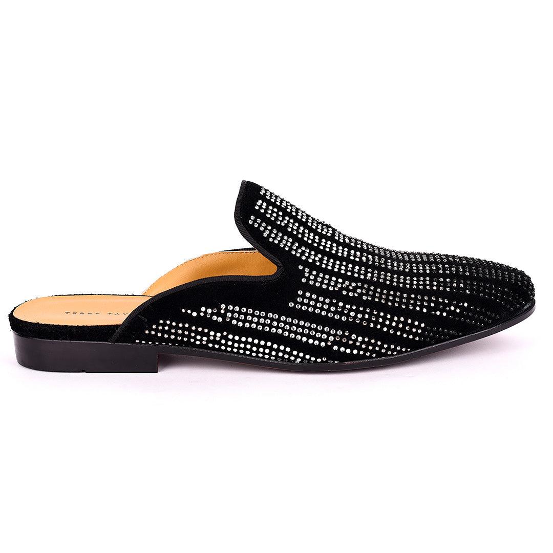 Terry Taylors Silver Full Stoned Suede Leather Men's Half Shoe- Black - Obeezi.com