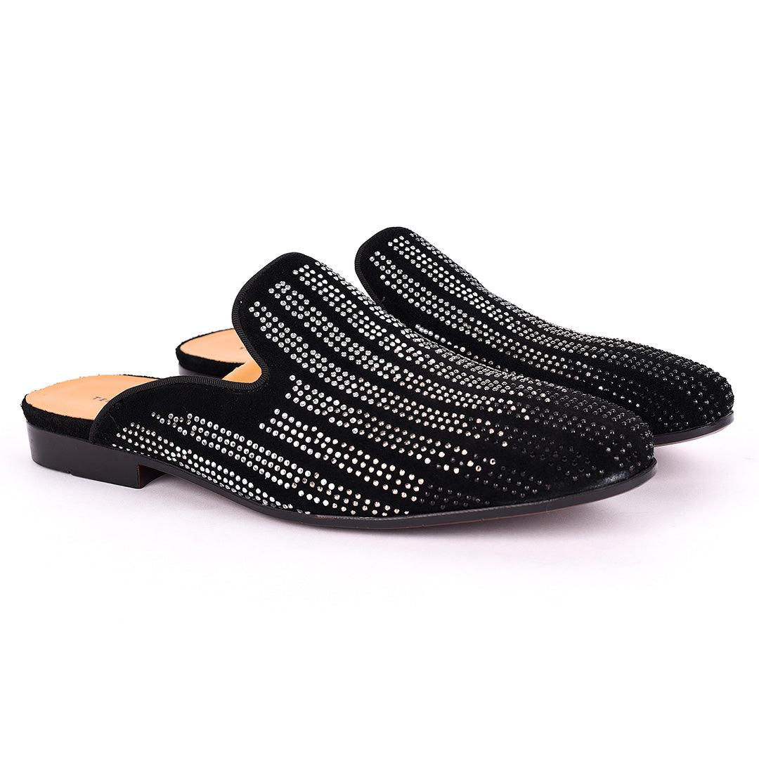 Terry Taylors Silver Full Stoned Suede Leather Men's Half Shoe- Black - Obeezi.com