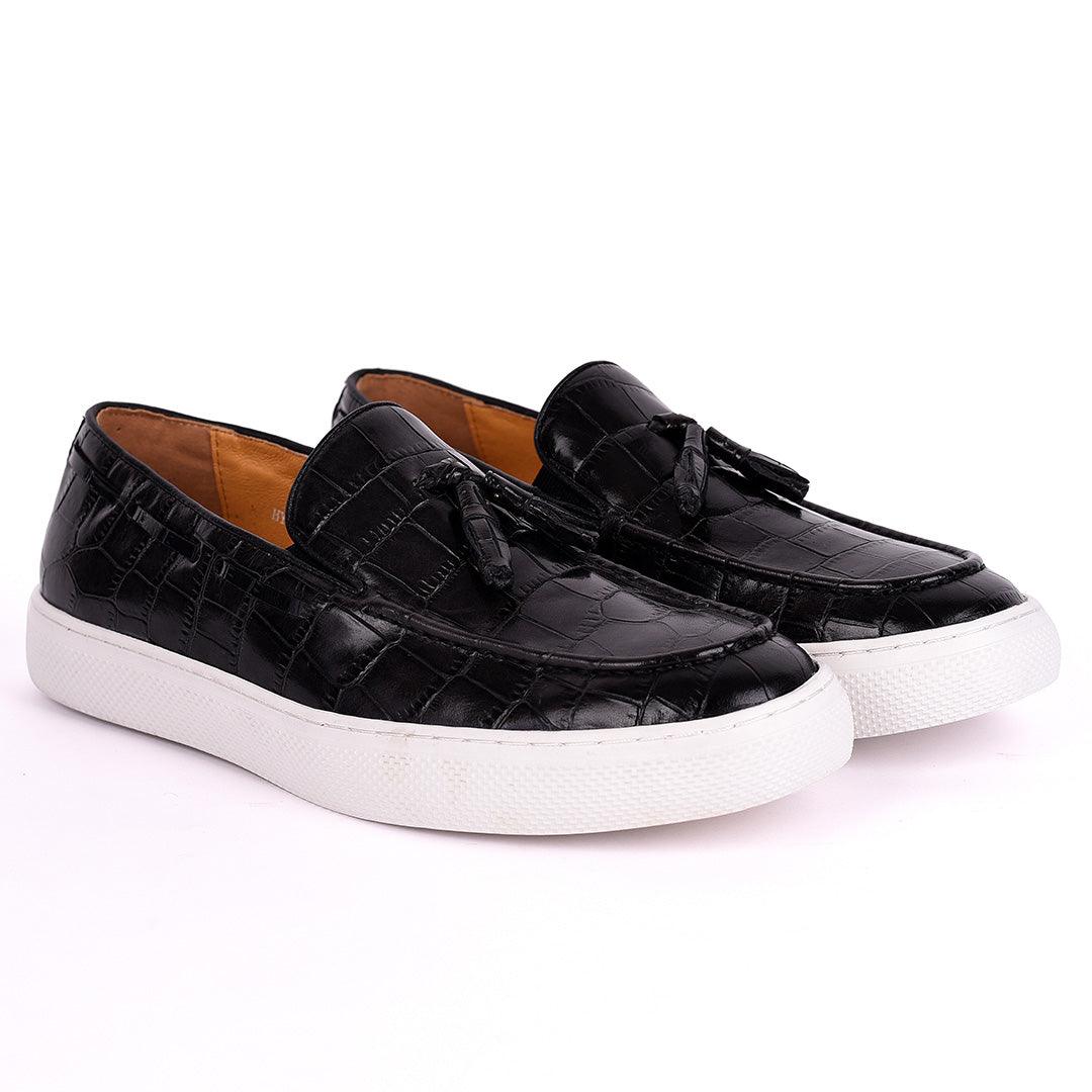 Terry Taylors Tassel Black Crocodile Skin Leather Men's Sneaker Shoe - Obeezi.com