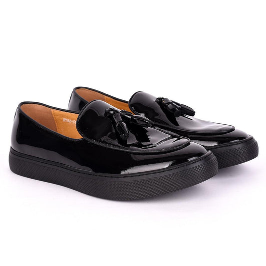 Terry Taylors Tassel Designed All Black Glossy Leather Men's Sneaker Shoe - Obeezi.com