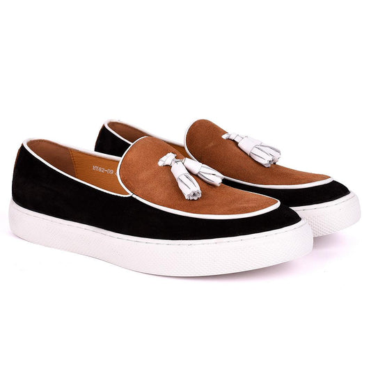 Terry Taylors Tassel Designed Brown Half Suede And Black Full Suede Men's Sneaker - Obeezi.com