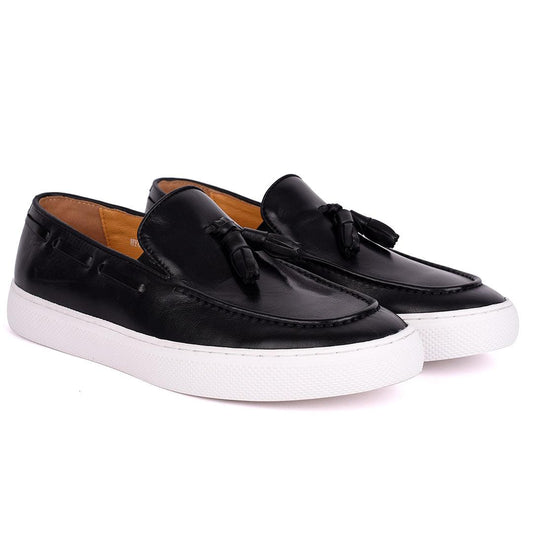 Terry Taylors Tassel With Side Lace Designed Black Leather Sneaker Shoe - Obeezi.com