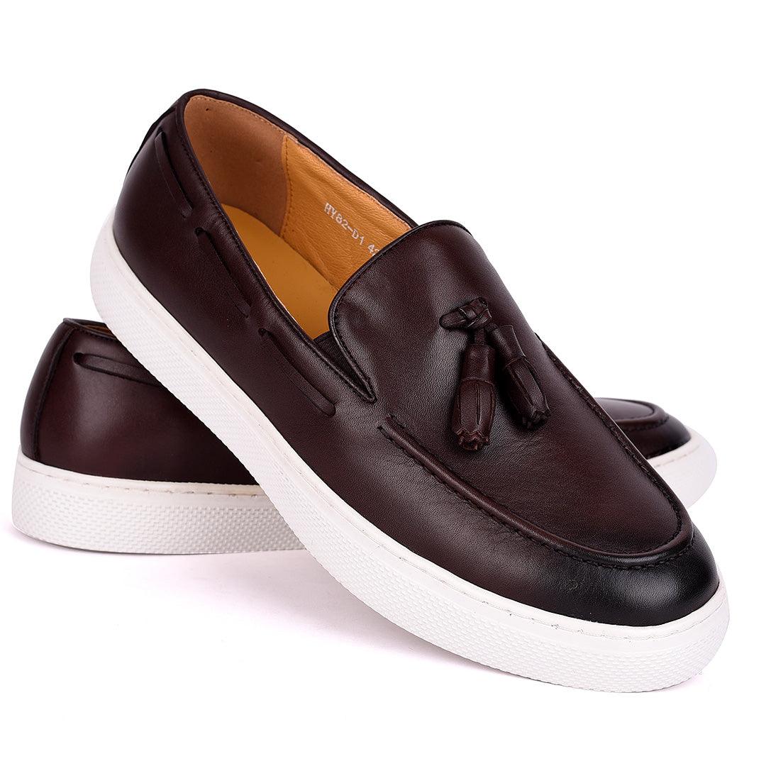 Terry Taylors Tassel With Side Lace Designed Brown Leather Sneaker Shoe - Obeezi.com