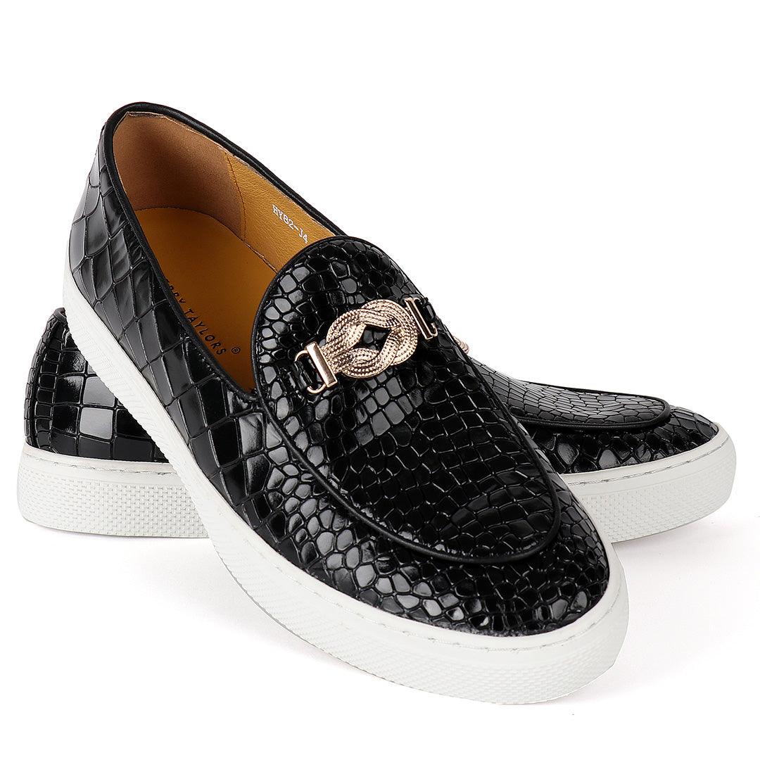 Terry Taylors Twisted Logo Black Croc Skin Leather Men's Shoe - Obeezi.com