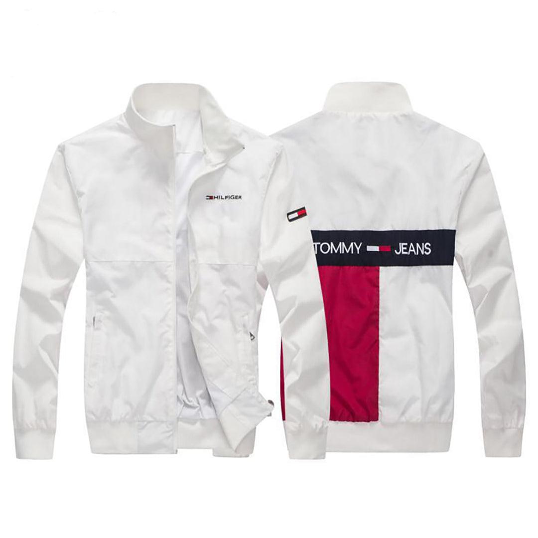 Tom Cool Front Flag Logo Crested Zip Down Jacket-White - Obeezi.com