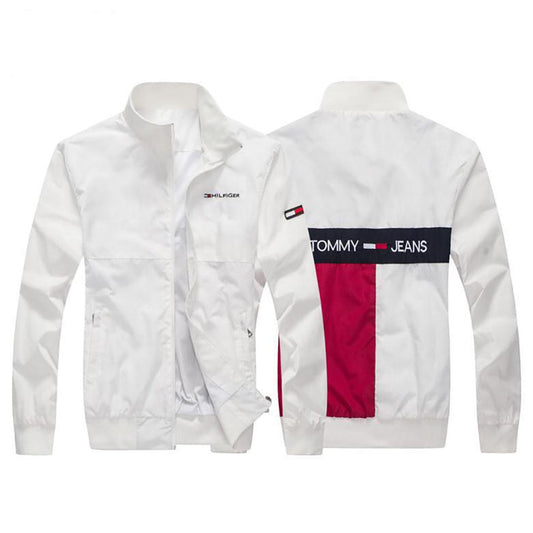 Tom Cool Front Flag Logo Crested Zip Down Jacket-White - Obeezi.com