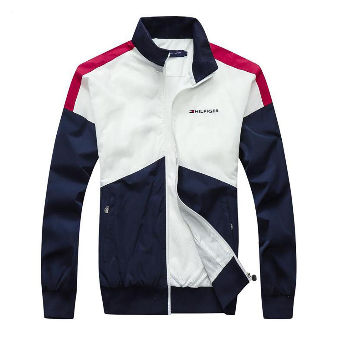 Tom Pop Over Windbreaker Zip Down Jacket-White Navy-blue - Obeezi.com
