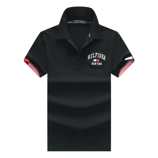 Tommy HF Side crested Flag Logo Polo- Black - Obeezi.com