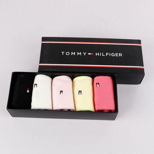 Tommy Hilfiger Crested 5 in 1 Pack Black Pink Red Yellow Milk Socks - Obeezi.com