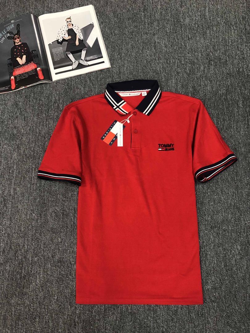 Tommy Hilfiger Crested Design Plain Red with Striped Collar - Obeezi