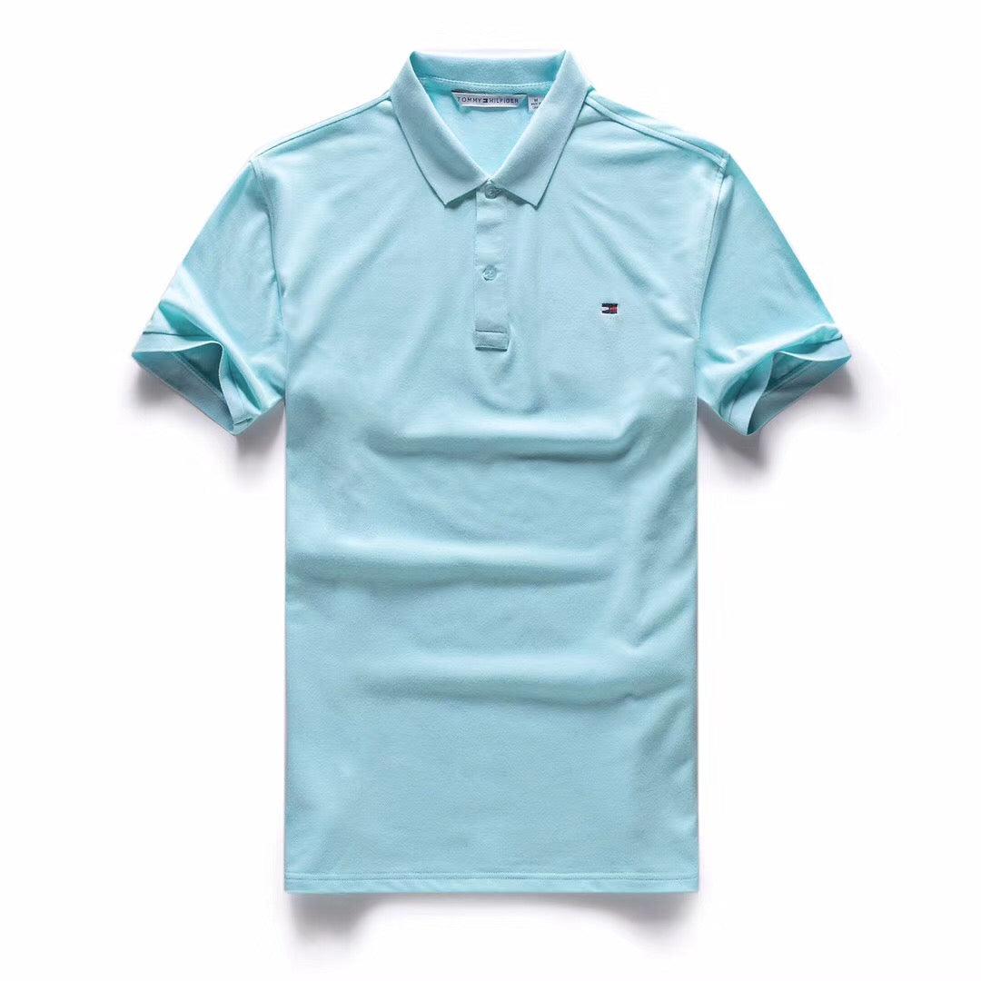 Tommy Hilfiger Crested Design Plain Torquise Blue Short-Sleeve Polo - Obeezi