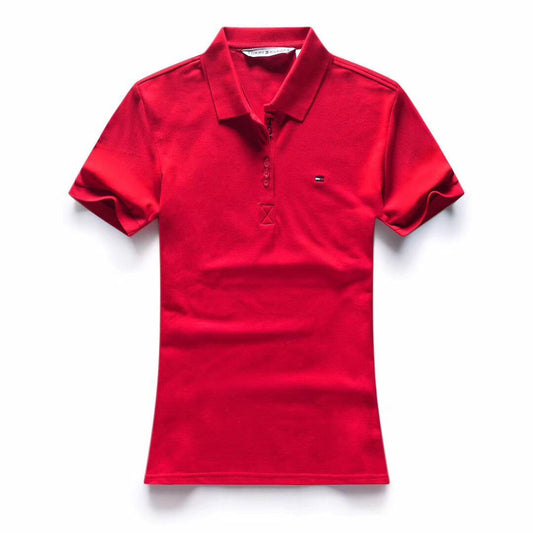 Tommy Hilfiger Crested Design Red Ladies Short-Sleeve Polo - Obeezi