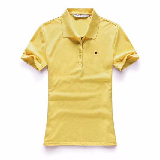 Tommy Hilfiger Crested Design Yellow Ladies Short-Sleeve Polo - Obeezi
